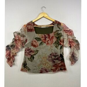 Fairycore Romantic Cover Story Womens XL Olive Floral Mesh Ruched Sleeve Top